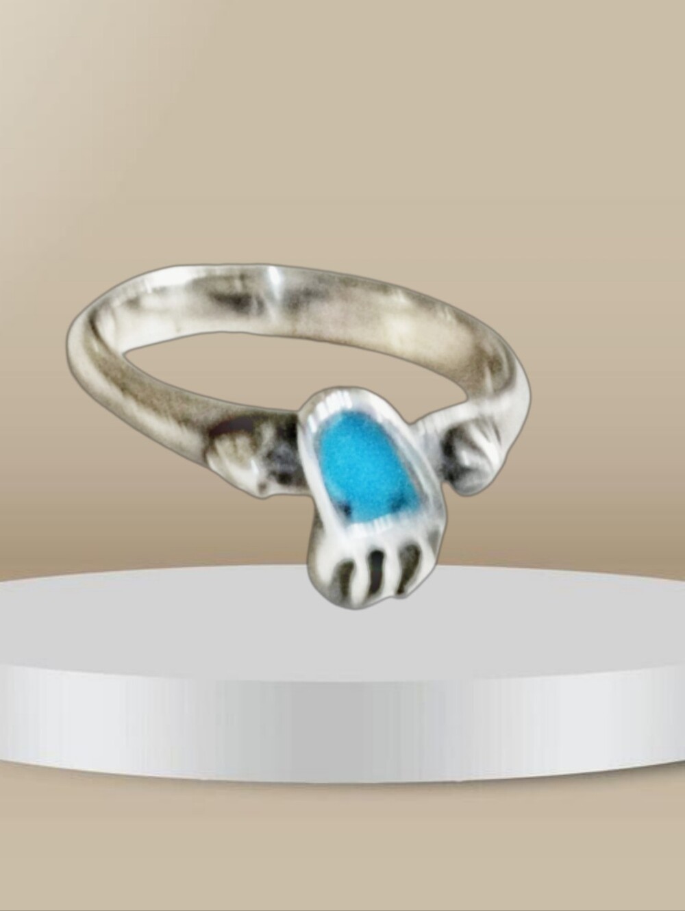 Sterling Silver Ring with Mini Bear Turquoise Paw. Size 2.5